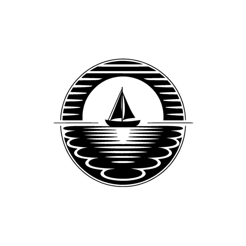 Nautical Silhouette Horizon Sailboat Emblem, Circular vector