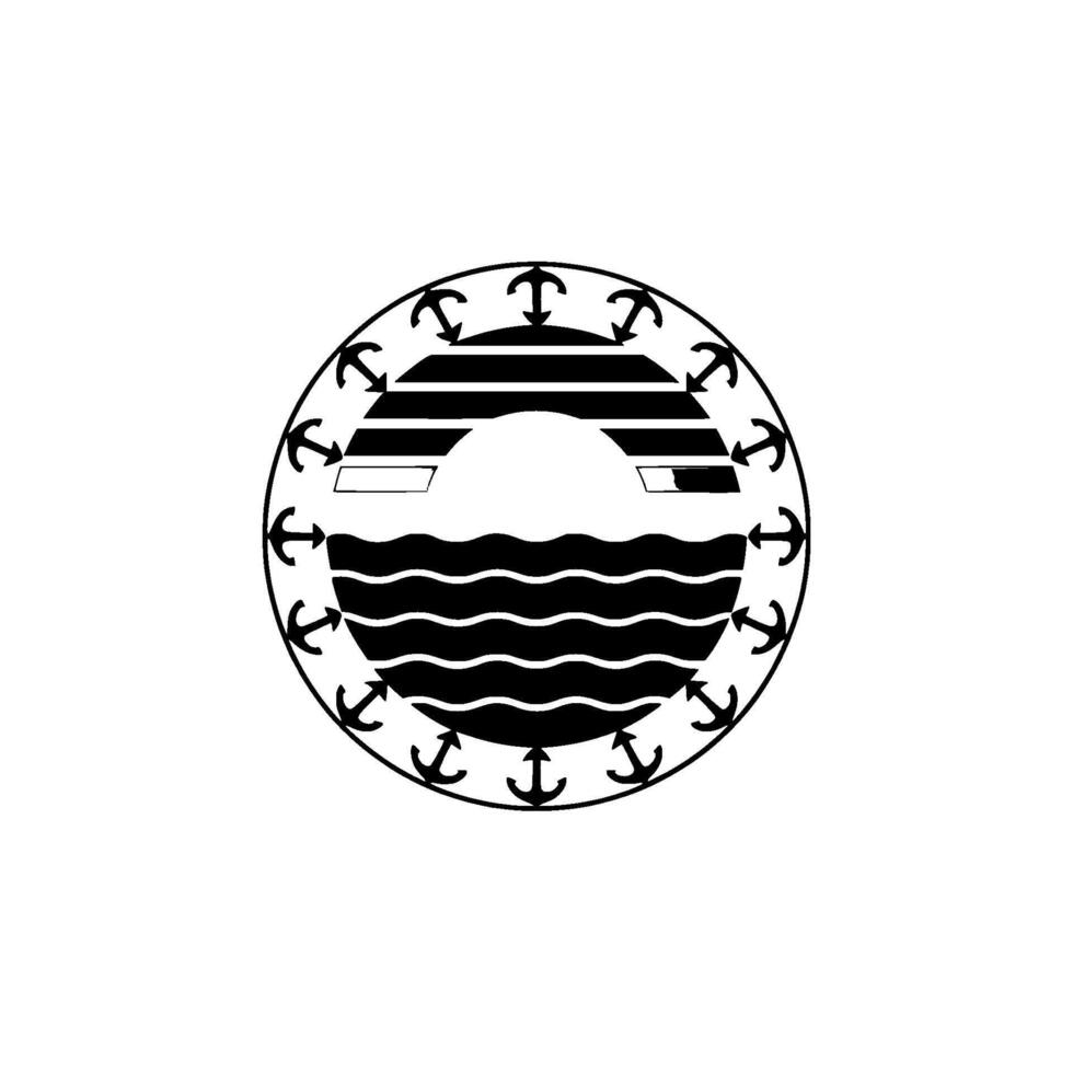 Nautical Circle Anchor, Sunset, and Ocean Emblem vector
