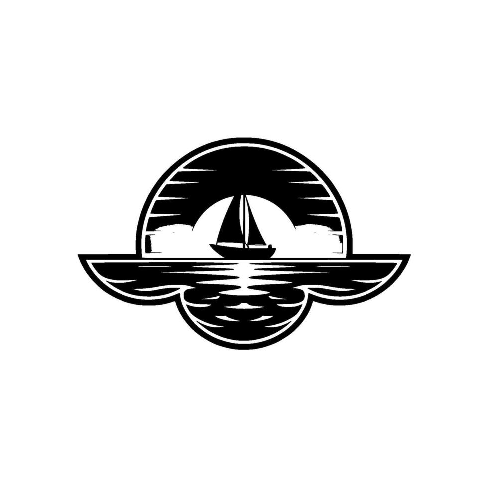 Nautical Silhouette Sailing Boat Horizon Emblem vector