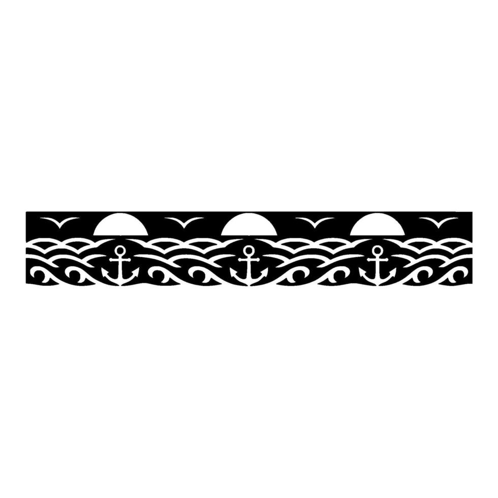 Nautical Border Anchor, Waves, and Sunrise Motif vector