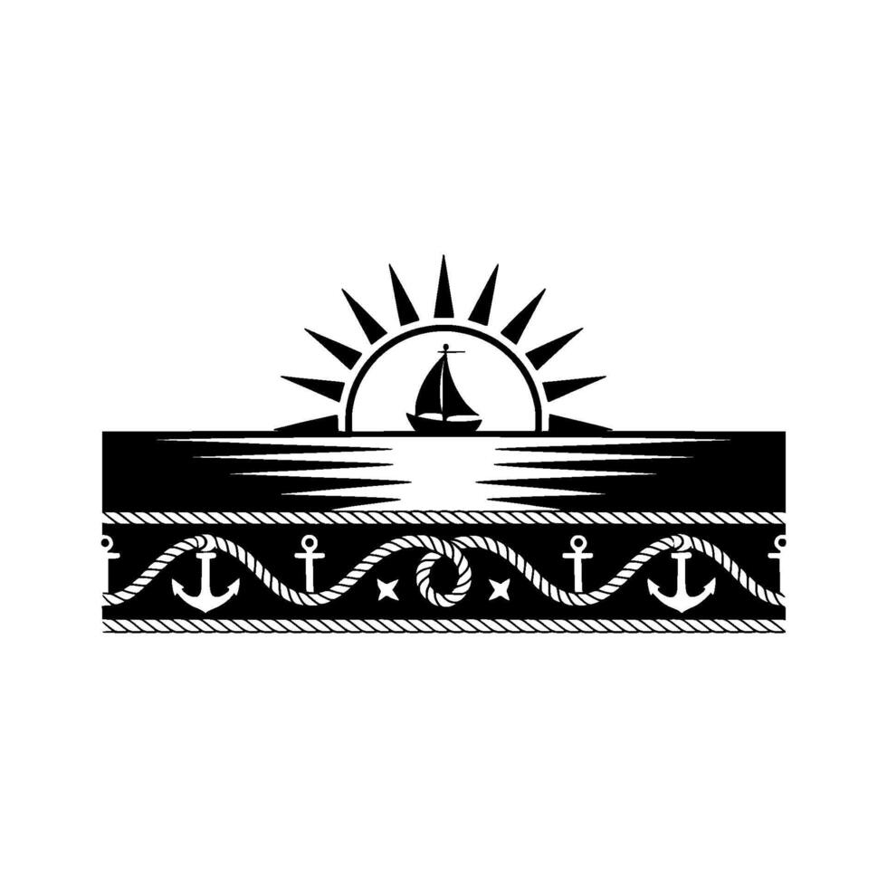 Nautical Emblem Sunrise Sail Rope Border vector
