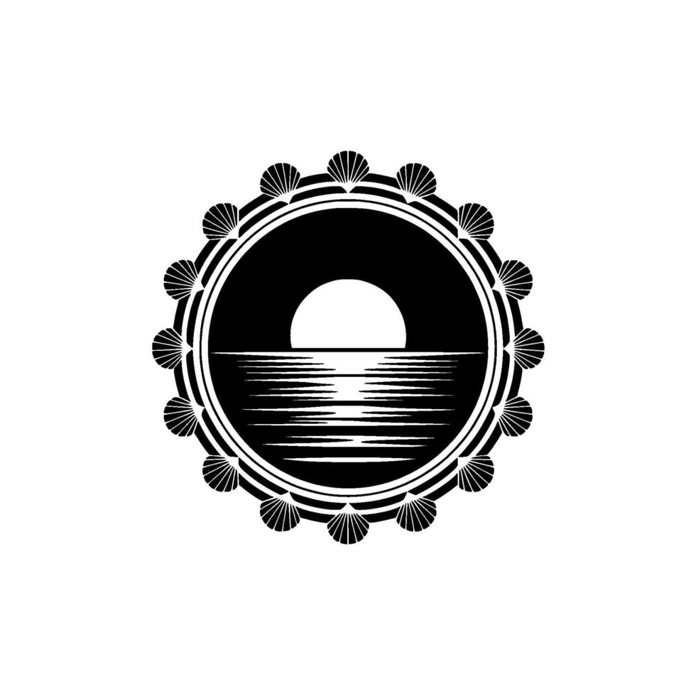 Oceanic Emblem Sunset Silhouette Seashell Border, Sea vector