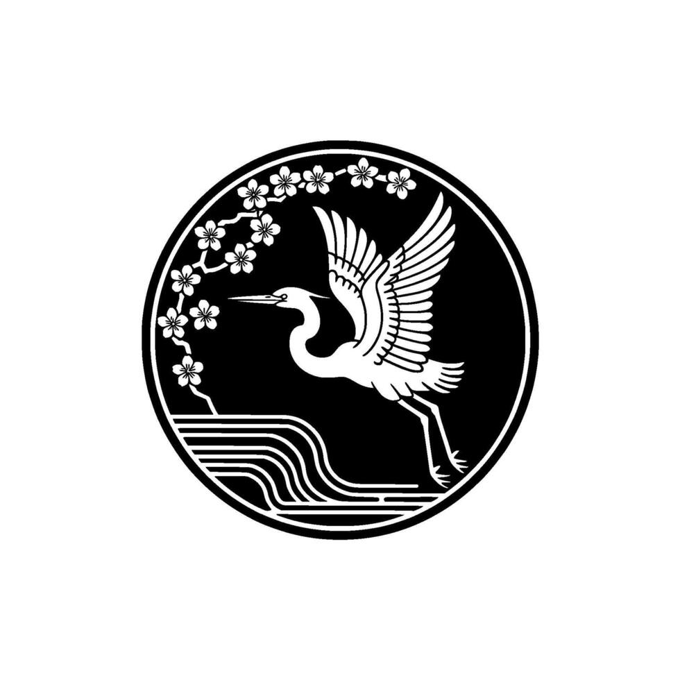 Serene Crane Emblem, Japanese Art, Minimalist vector