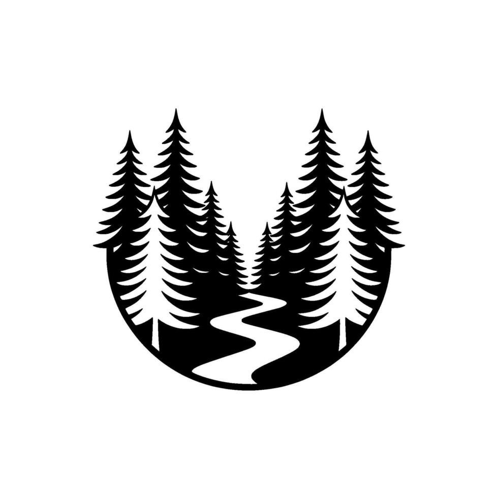 Serene Forest Trail Emblem, Minimalist Landscape, Pines vector