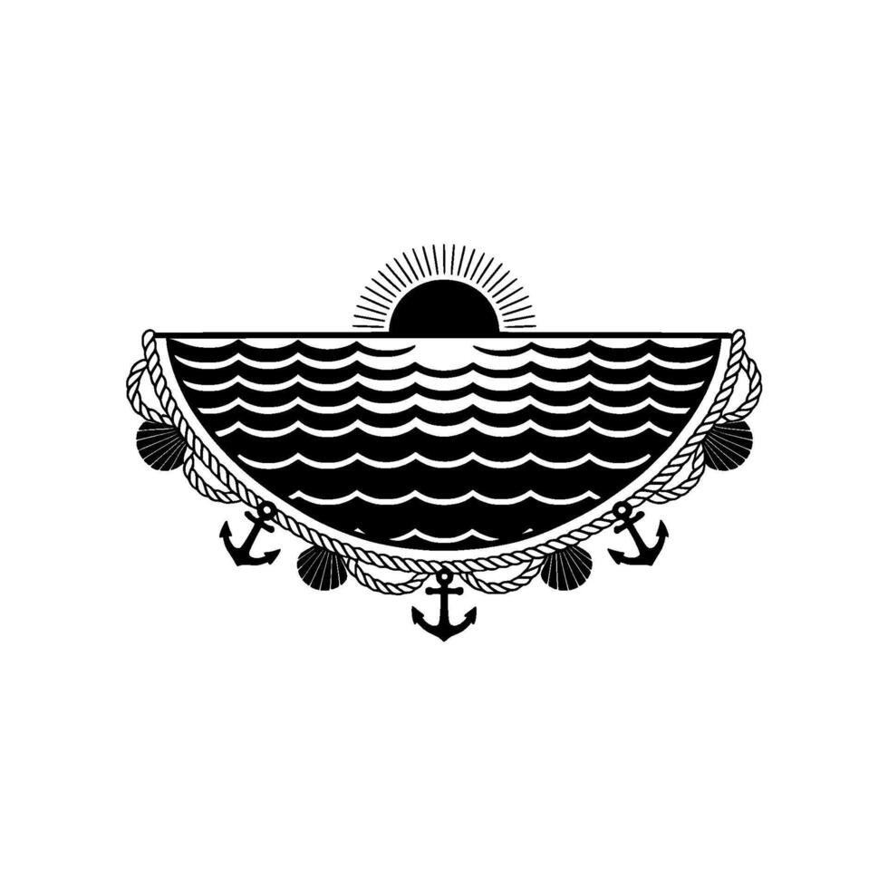 Nautical Emblem Sea, Anchor, and Sunrise Symbol vector