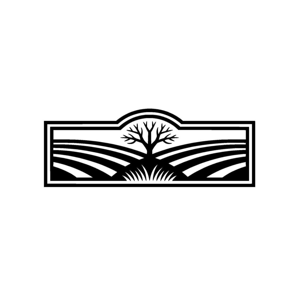 Rustic Landscape Emblem, Minimalist Silhouette, Tree vector