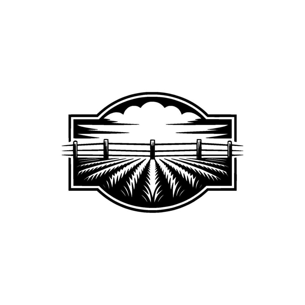 Rustic Farm Emblem, Pastoral Landscape, Vintage Illustration vector