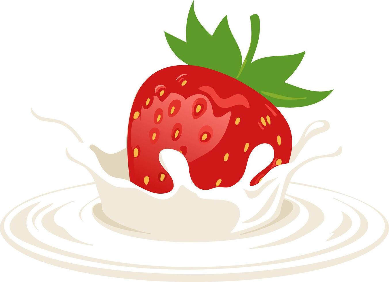 Elegant illustration of strawberry dipping into smooth milk bowl highlights glossy seeds and leaf crown using soft light shading balanced by large uncluttered area vector