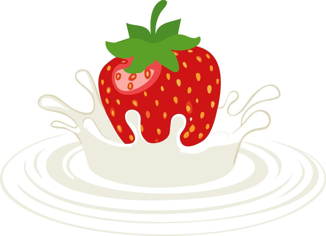 Fresh bold concept depicts single strawberry partially submerged in creamy liquid swirl captured in modern flat style against pure white field allowing flexible layout for posters vector