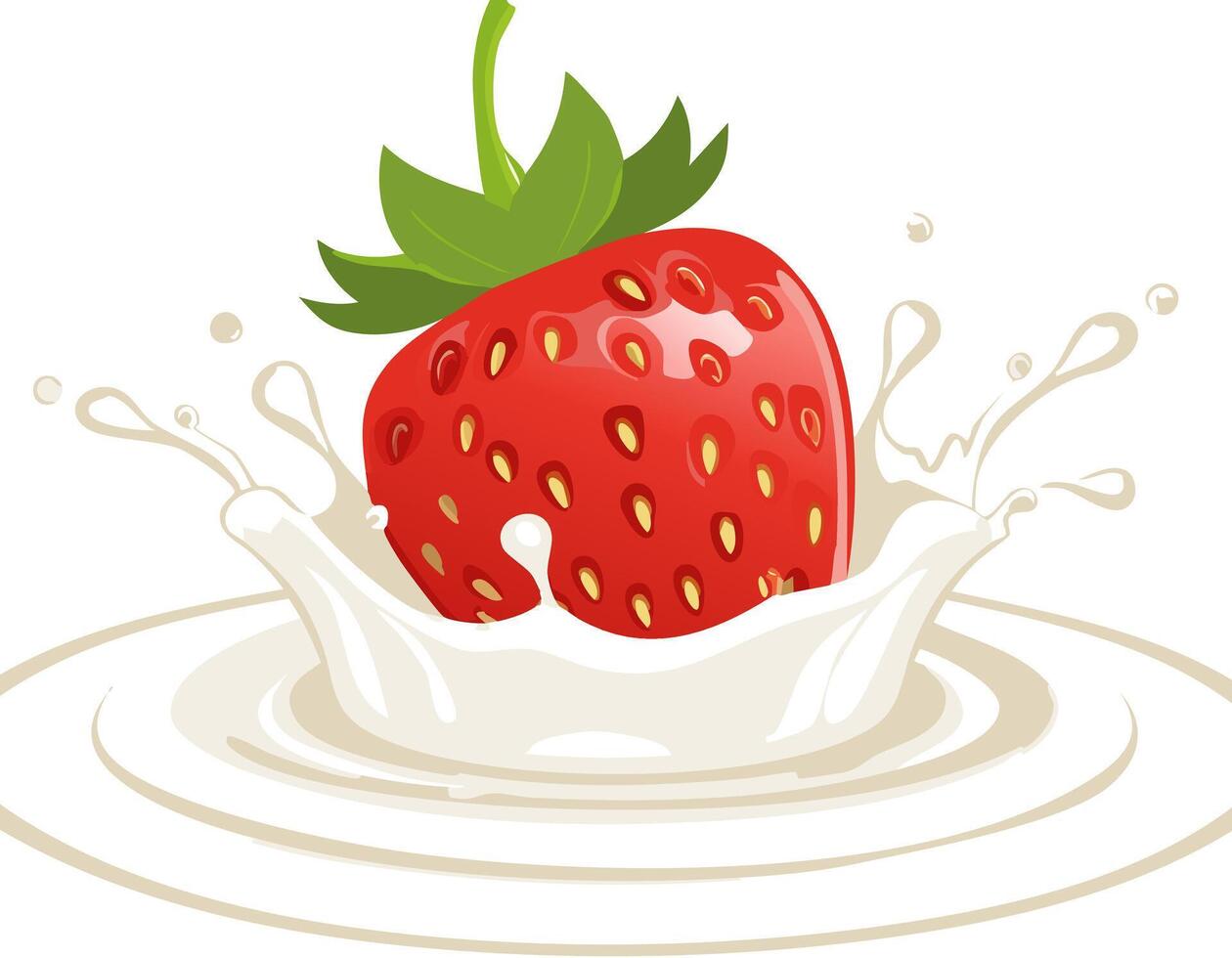 Bright flat illustration of a ripe strawberry diving into creamy milk with dynamic splash curves and generous white copy space ready for headline placement in food vector