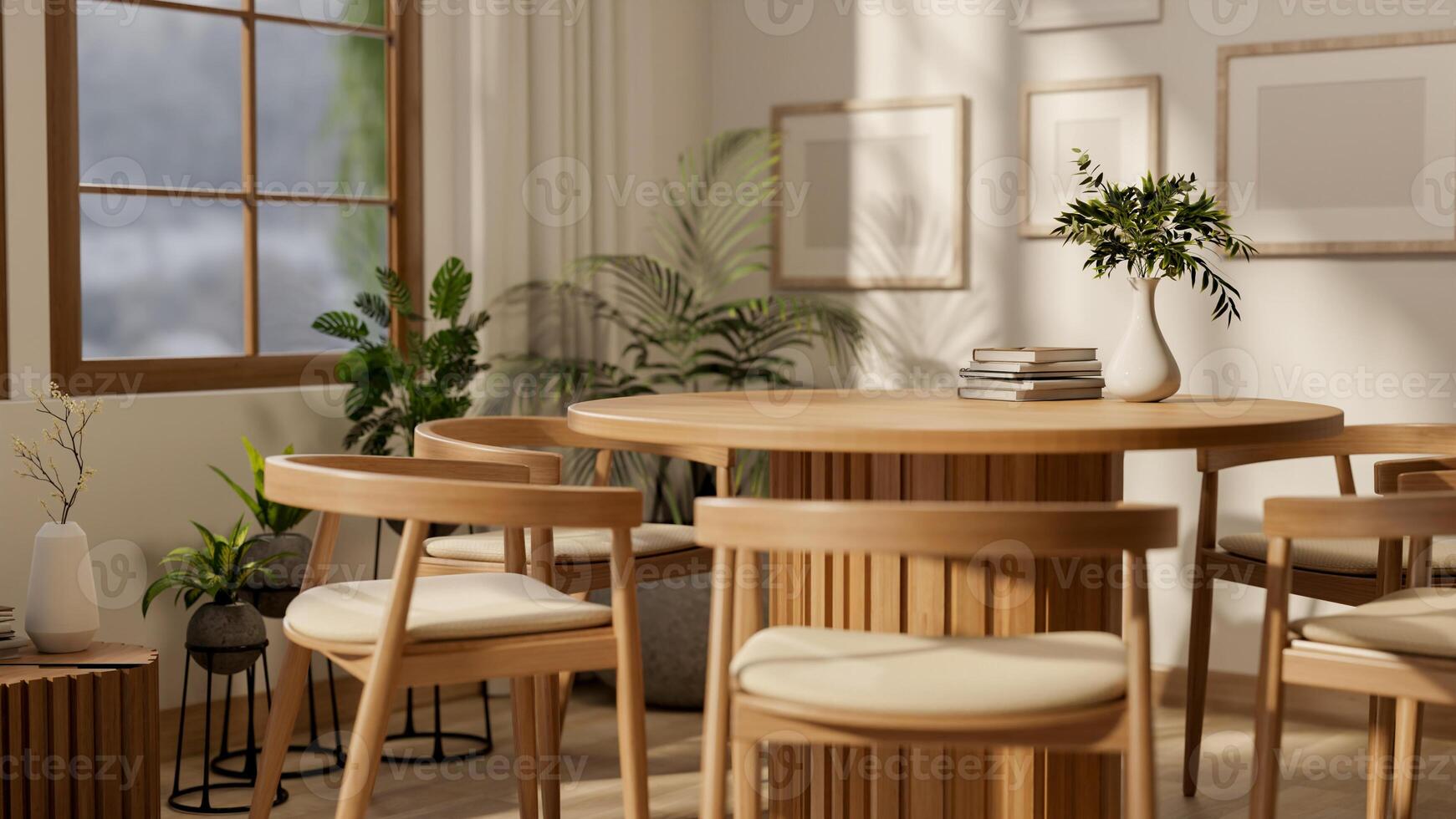 Set of wooden table and armchairs near window with bright natural light. Cosy library or study room photo