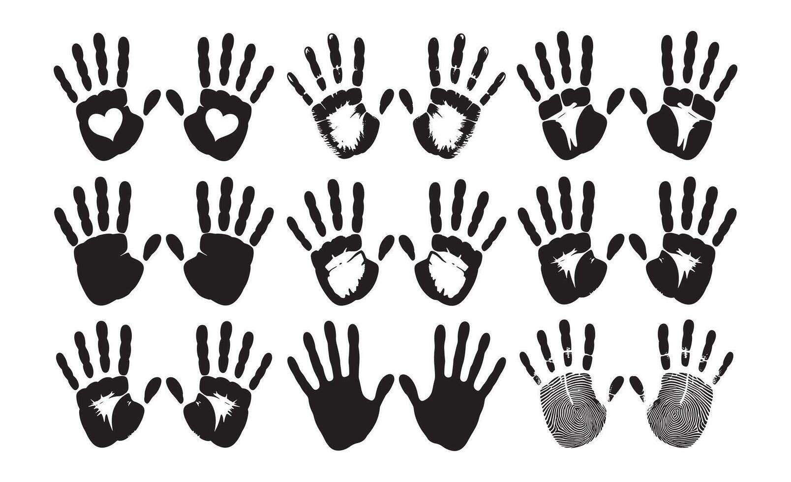 Collection of diverse black handprint and fingerprint graphic designs vector