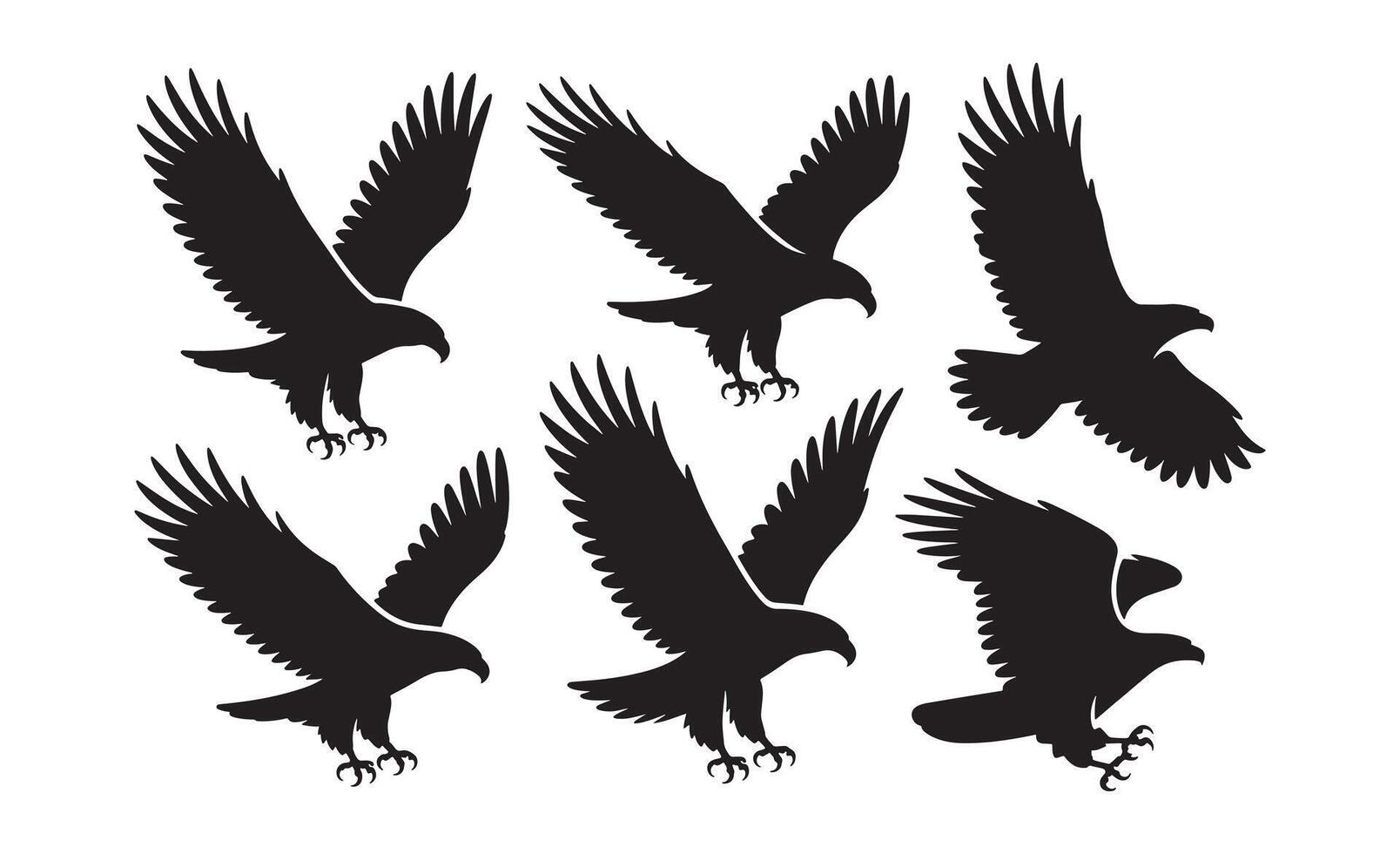 Collection of black eagle silhouettes in various flying poses vector