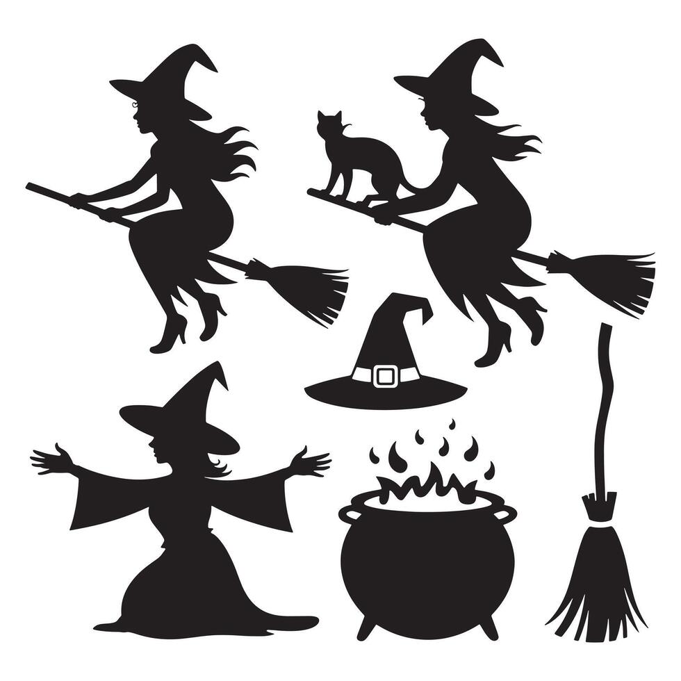 Collection of black silhouettes featuring witches cats brooms and a cauldron vector
