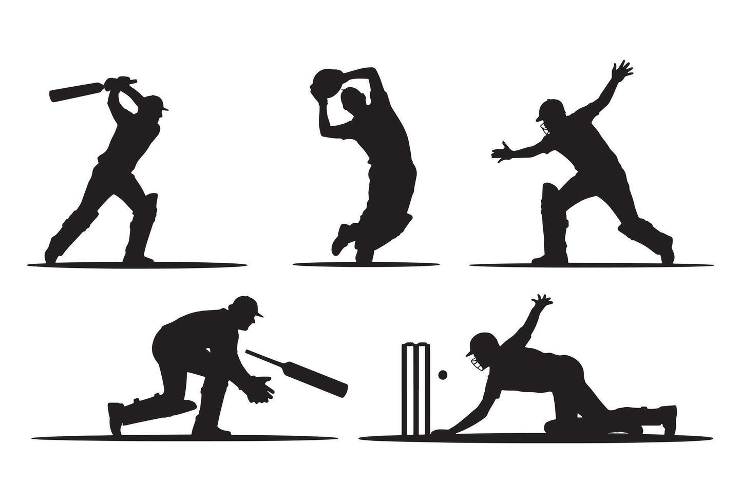 Dynamic silhouettes of cricket players in action on a white background vector