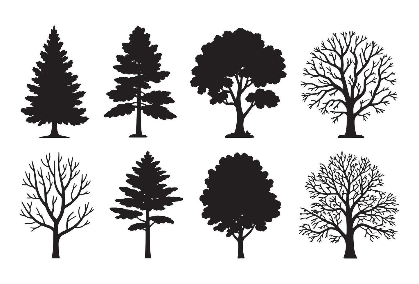 Collection of silhouetted trees in different styles and seasons vector