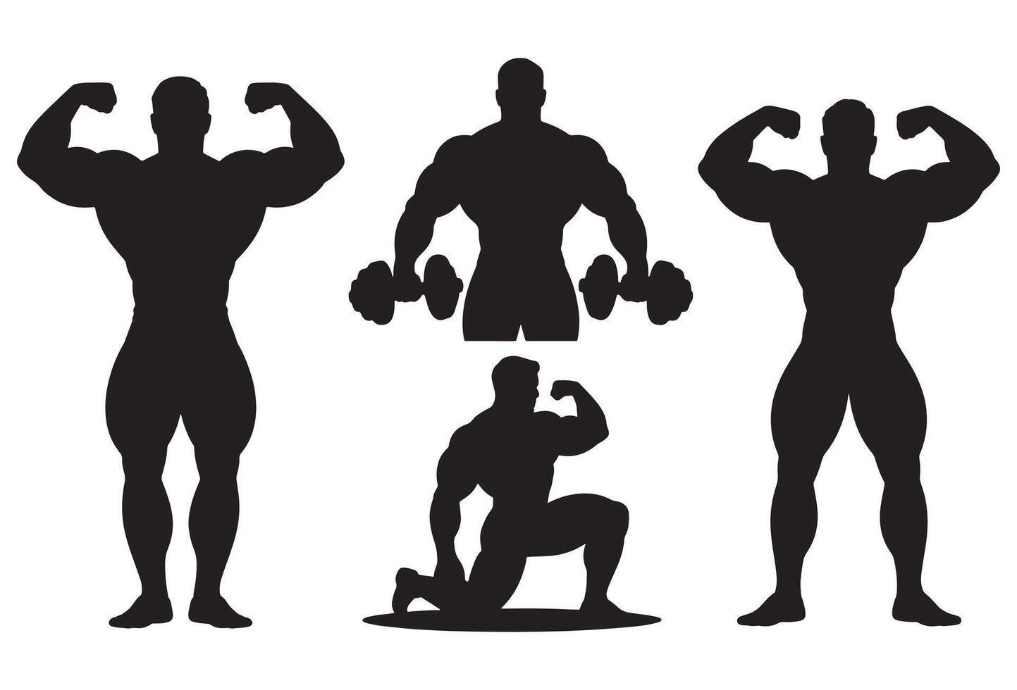 Diverse bodybuilder poses showcasing strength and muscle definition silhouettes vector