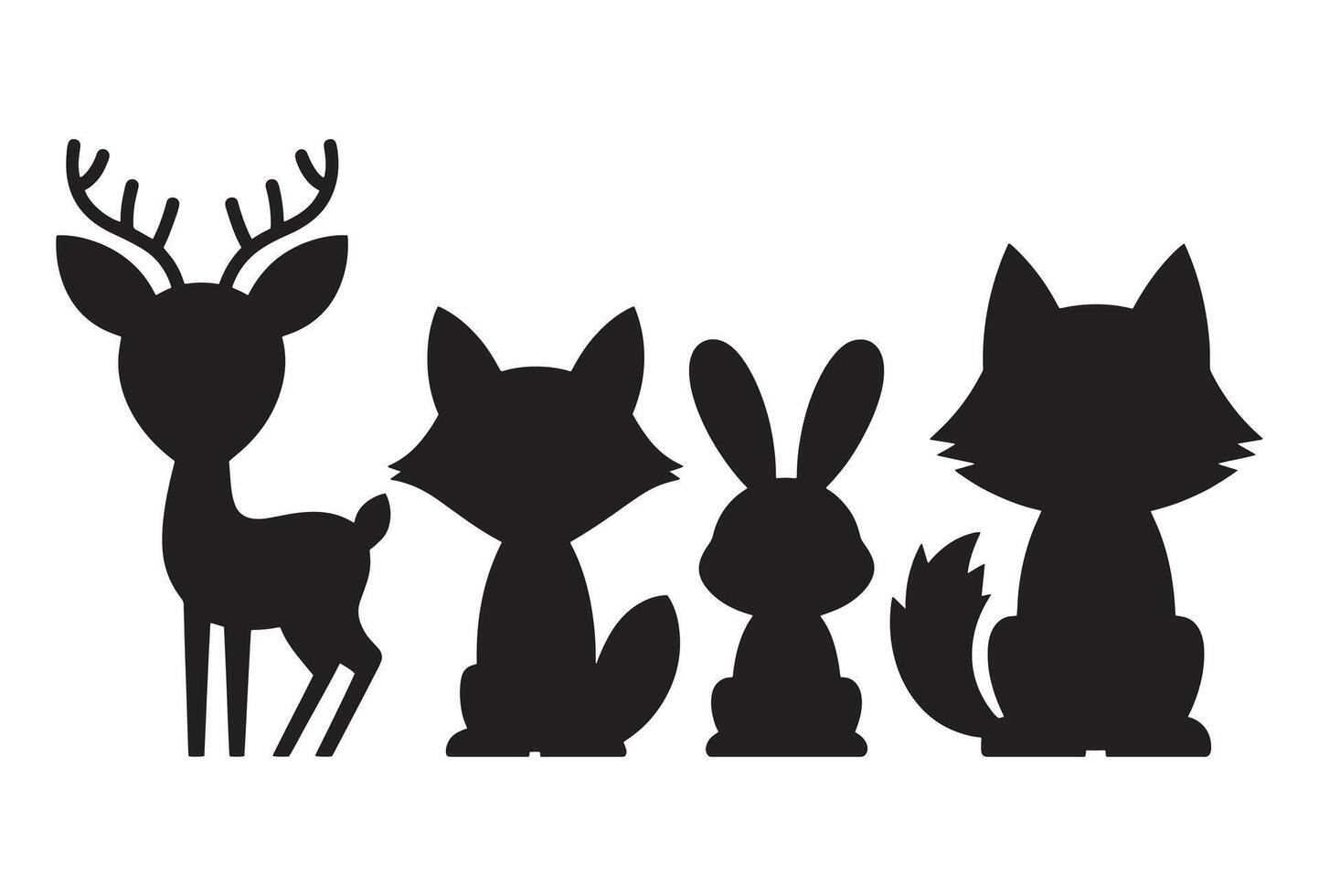Cute black silhouettes of forest animals including a deer two foxes and a rabbit vector