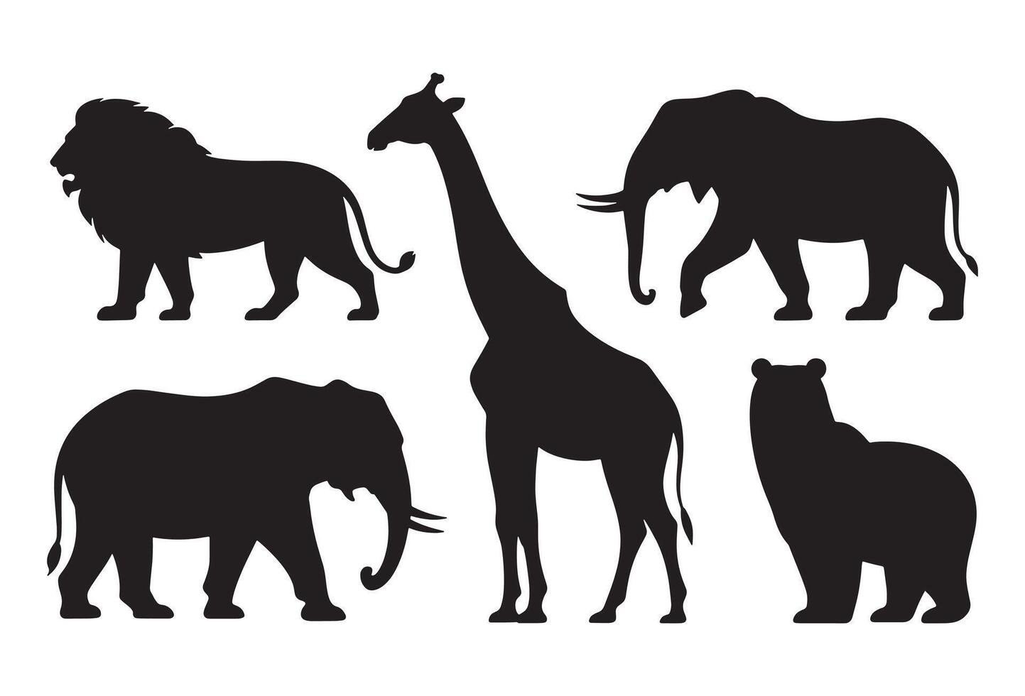 Collection of black silhouettes of african wildlife and a bear vector