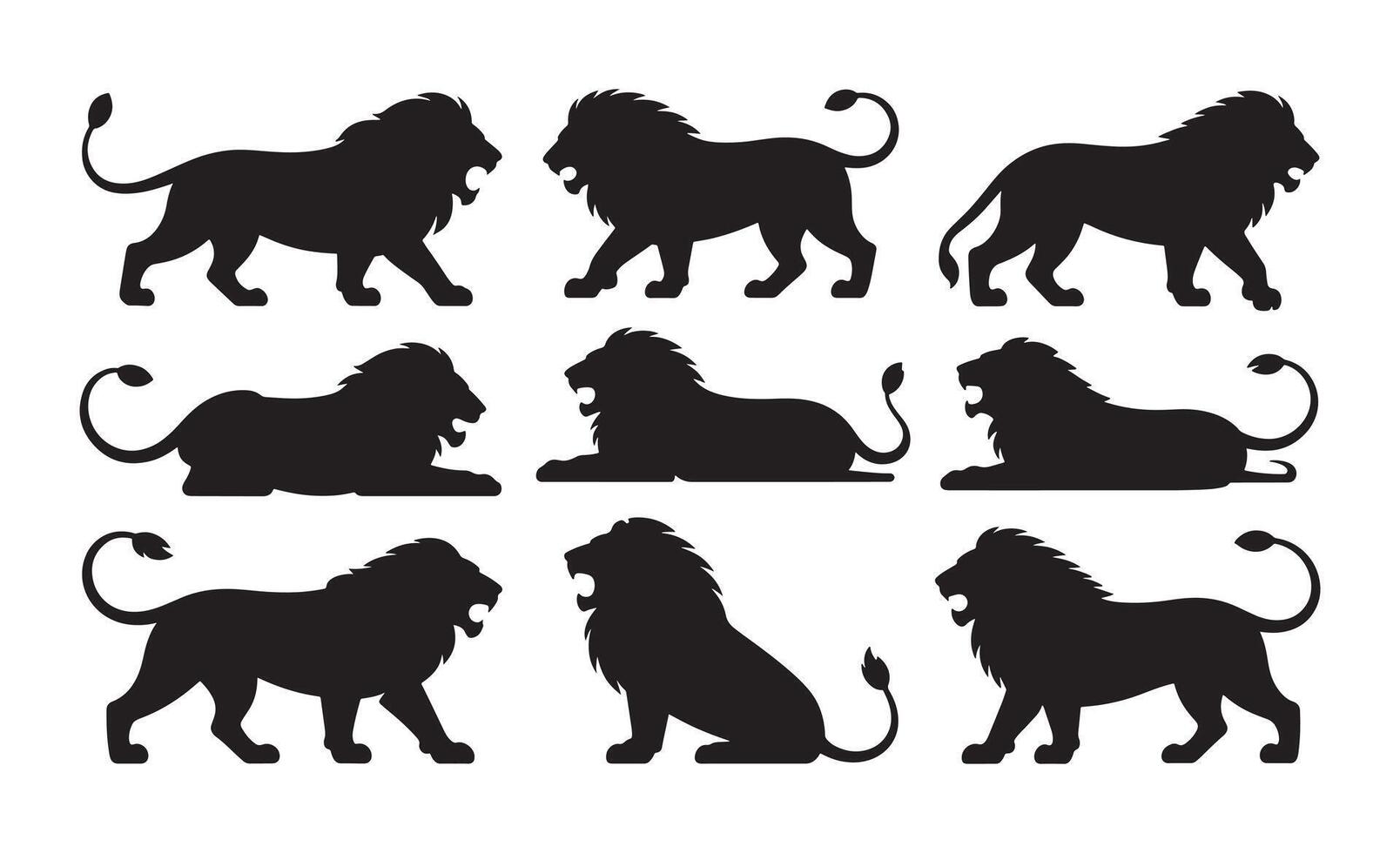 Collection of black lion silhouettes in various poses on white background vector