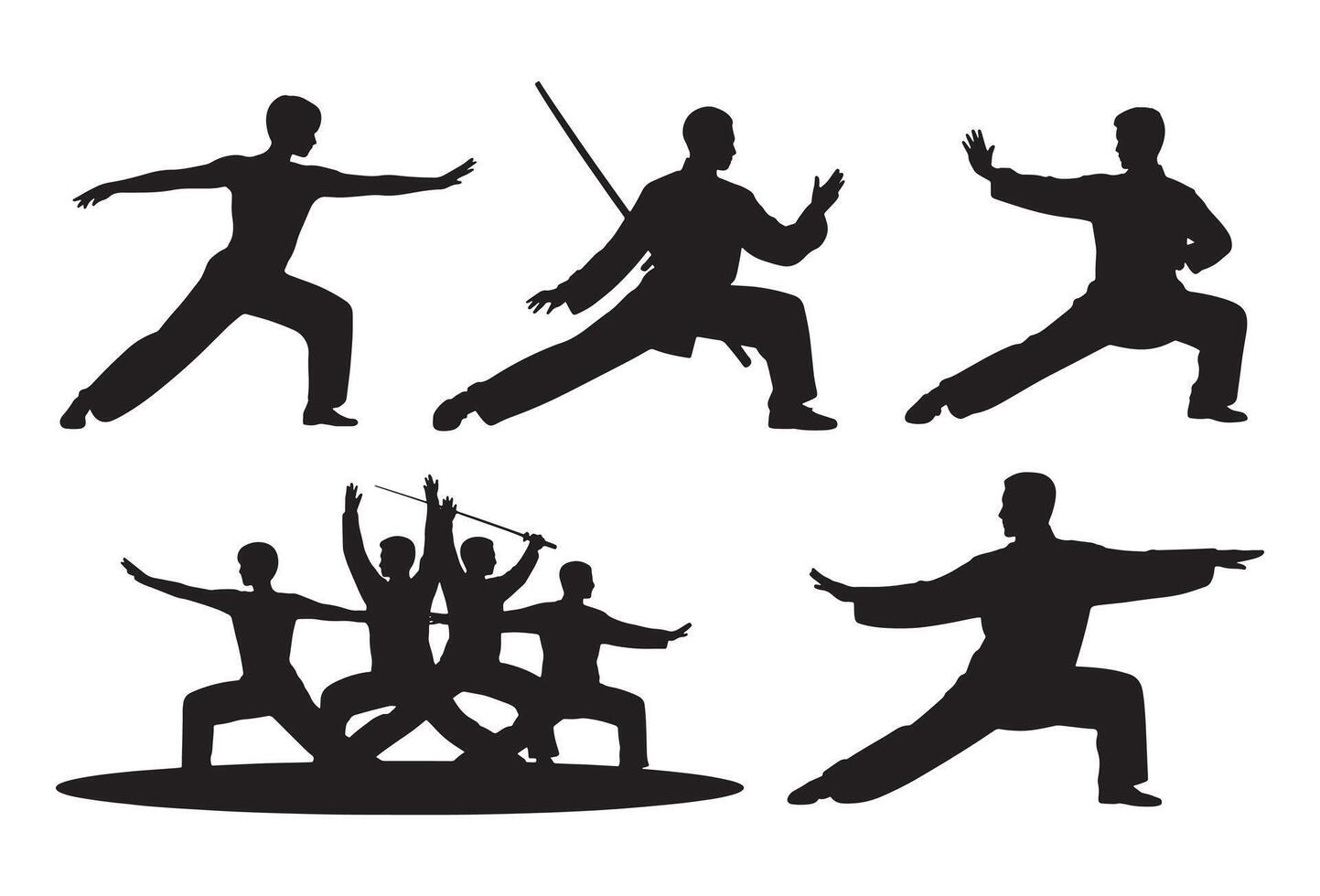 Silhouettes of martial artists practicing various combat stances and movements vector