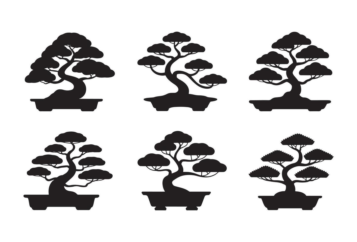 Collection of six stylized black silhouette bonsai trees in pots vector