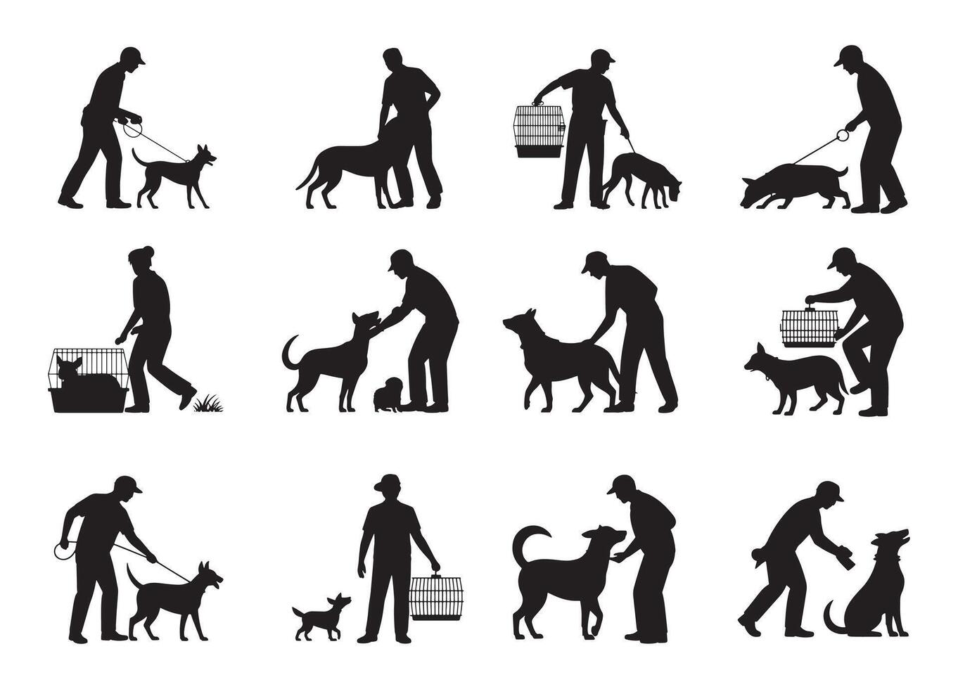 Silhouettes of people interacting with dogs in various scenarios vector