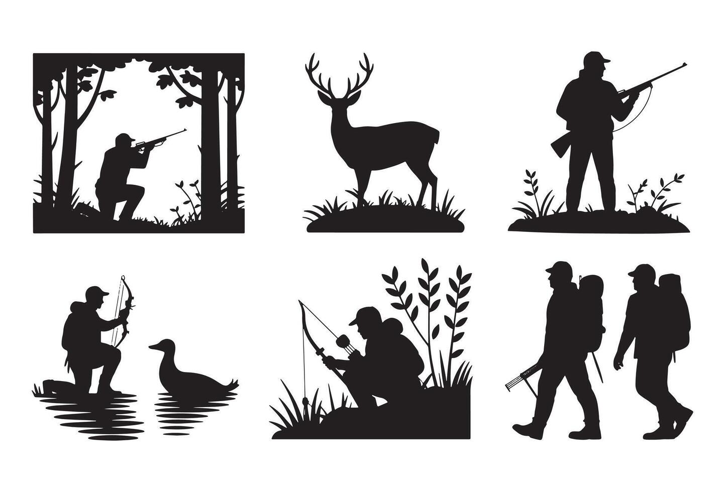 Diverse hunting silhouettes featuring deer duck and rifle and bow hunters vector
