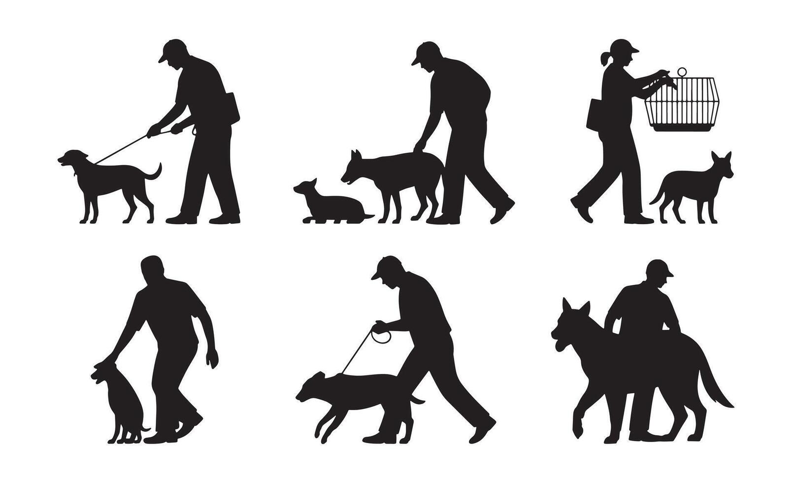 Silhouettes of people interacting with dogs in various activities vector