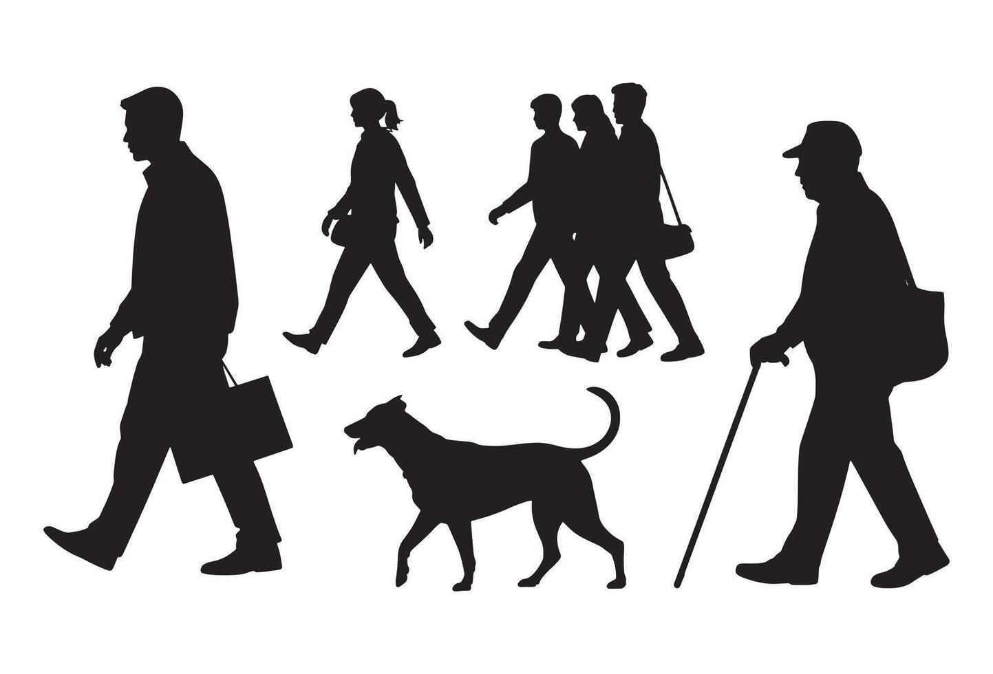 Diverse group of people and a dog walking in silhouette against a white background vector