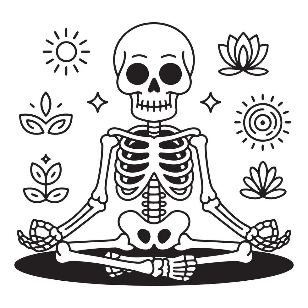 Skeleton meditating in lotus pose surrounded by spiritual symbols and celestial elements vector