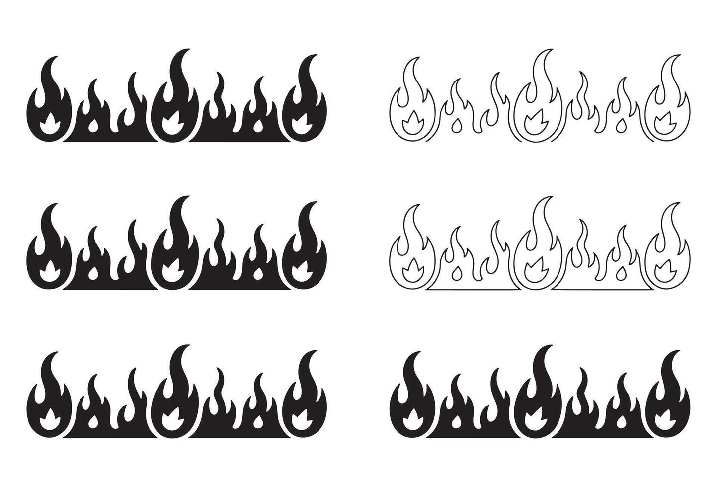 Stylized flame border designs in black and outline styles vector