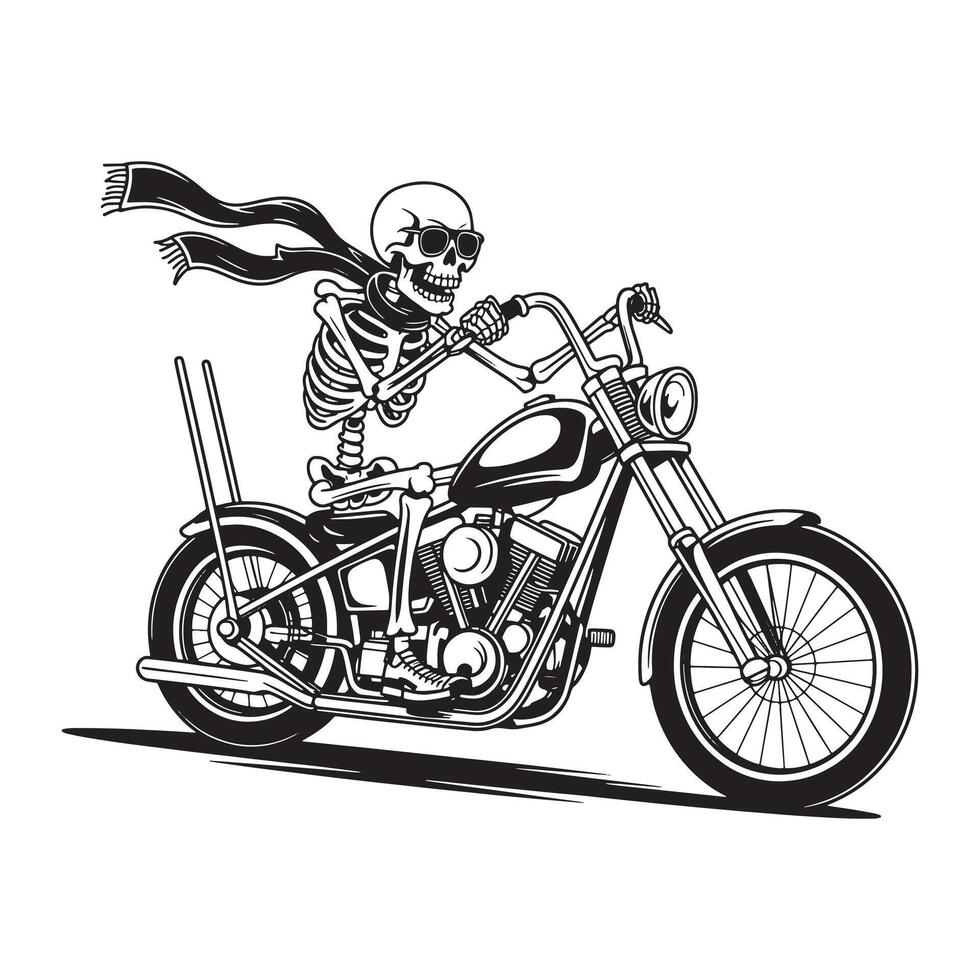 Skeleton rider with sunglasses and scarf on a motorcycle vector