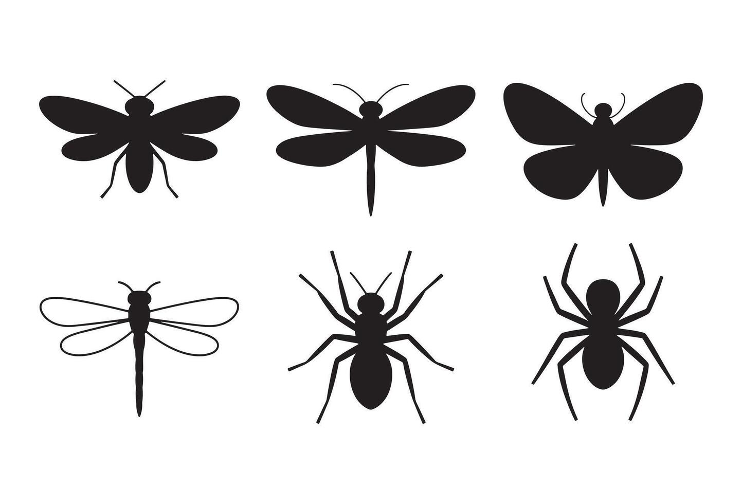 Collection of silhouetted insects and a spider on a white background vector