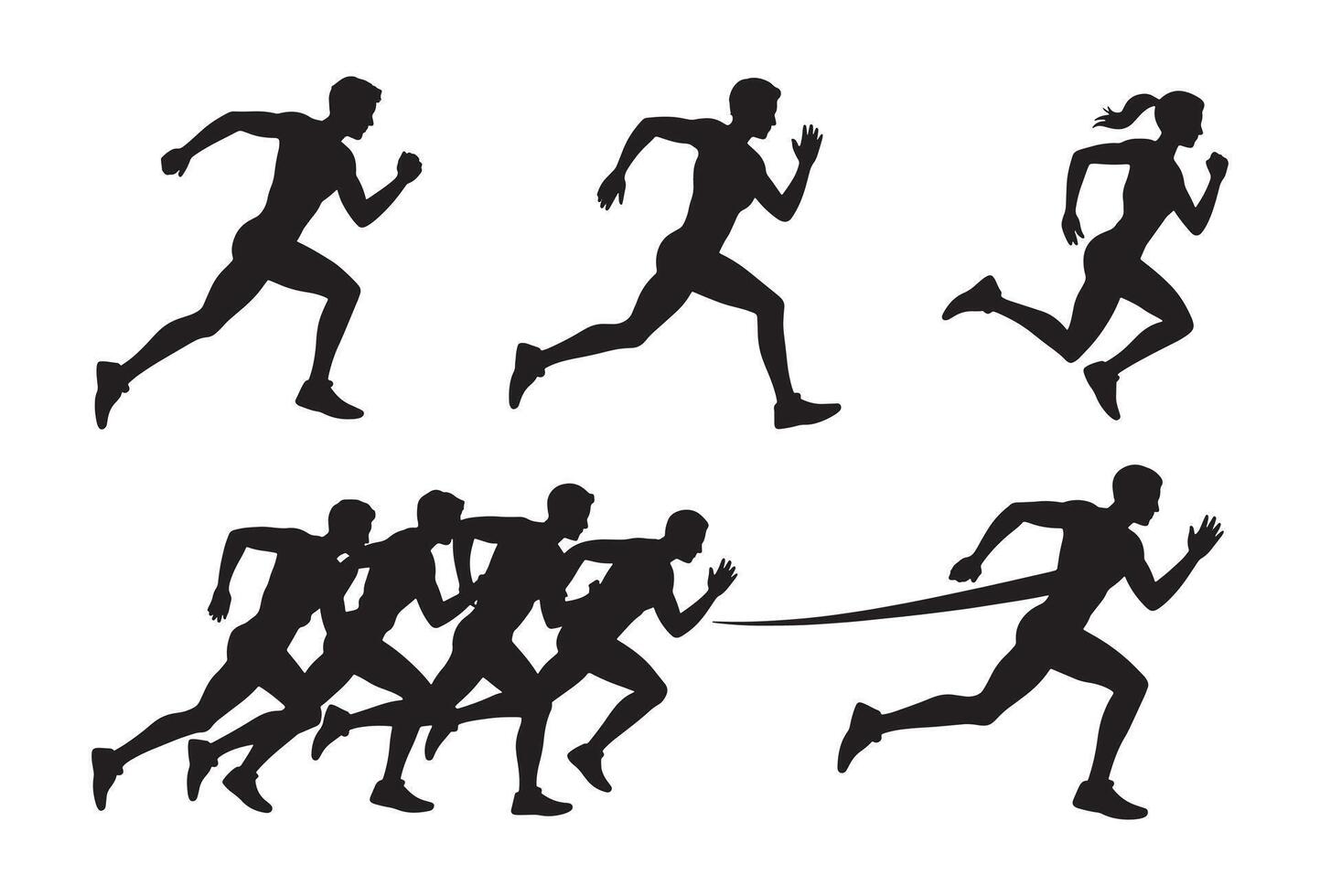 Silhouettes of athletes running in a race showcasing dynamic movement and competition vector