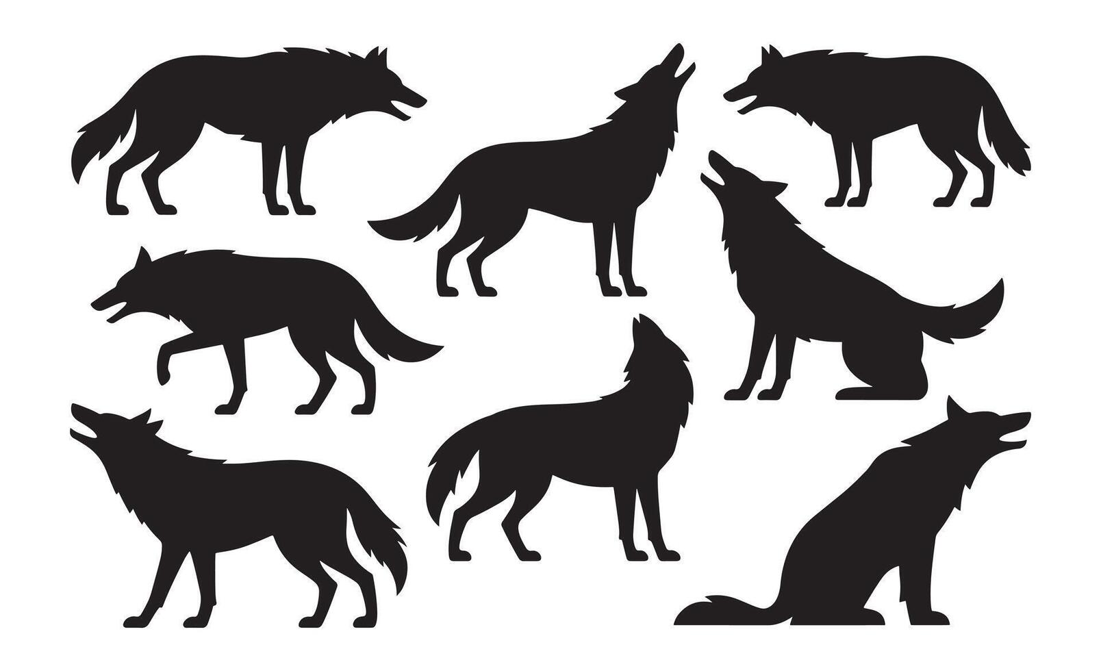 Collection of black wolf silhouettes in various poses and actions vector