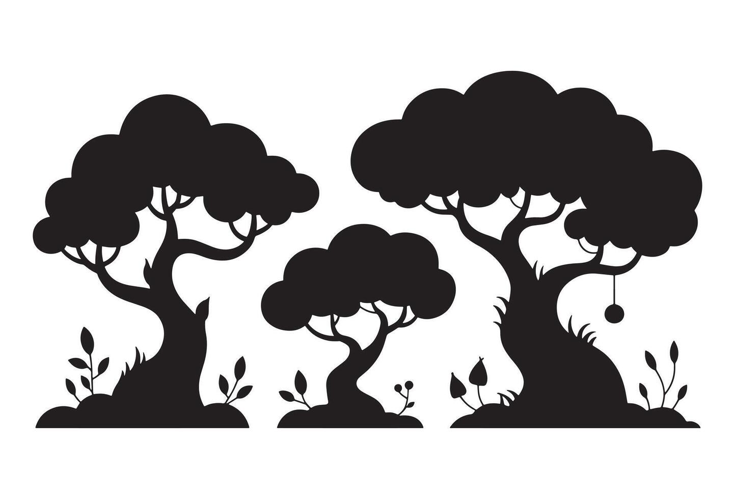Whimsical silhouette trees with lush foliage and ground details vector