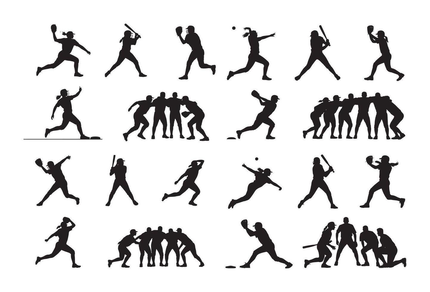 Diverse silhouettes of baseball and softball players in action vector