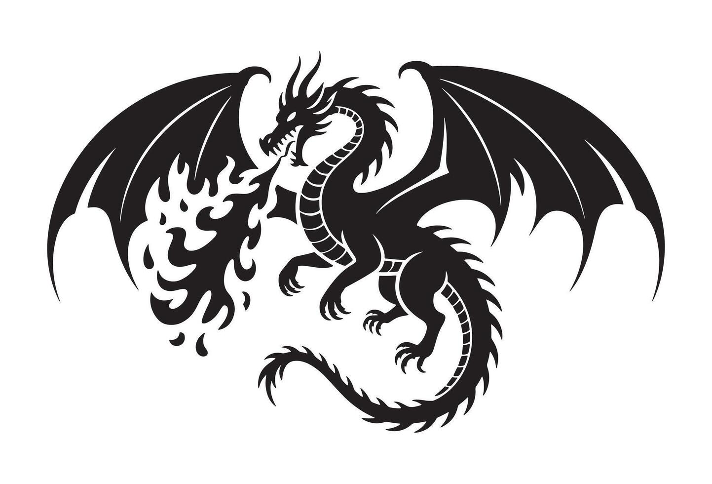 Fierce black dragon breathing fire with large wings spread wide vector