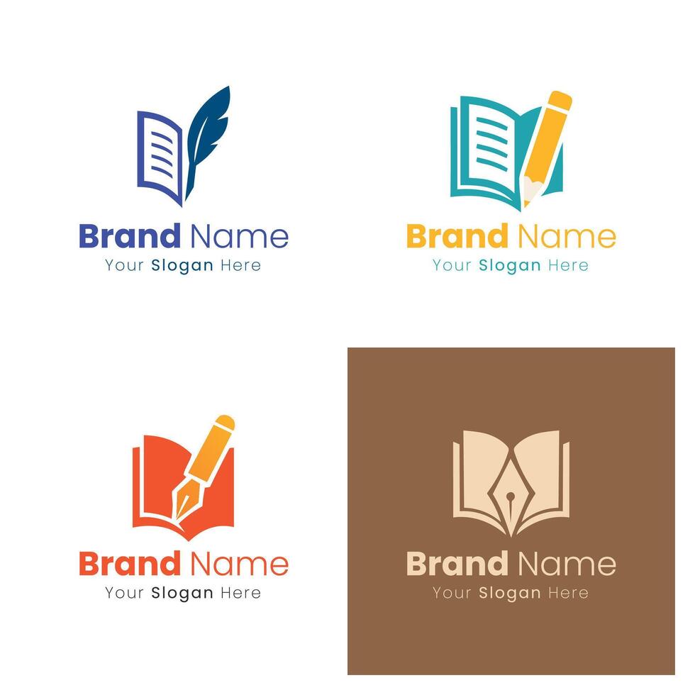 Creative Brand Identity Logo Design Concepts Featuring Open Books and Writing Instruments for Literary and Educational Businesses vector