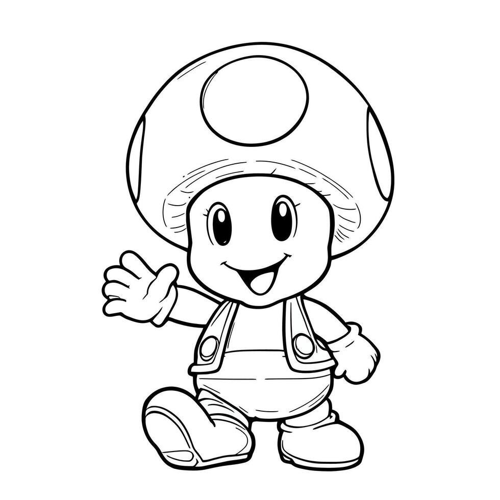 Cute Mushroom Character Waving Hello Line Art Coloring Page Illustration vector