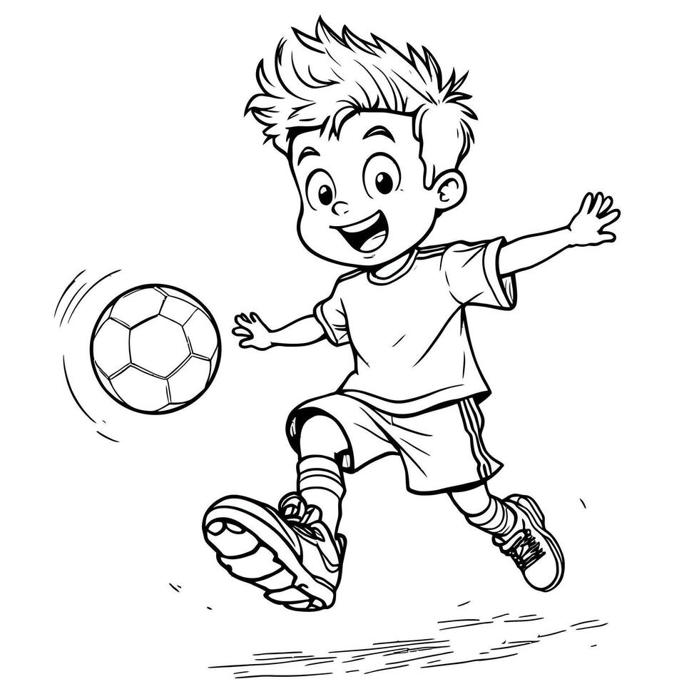 Young Boy Kicking a Soccer Ball on the Field with Joyful Expression Line Art Coloring Page vector