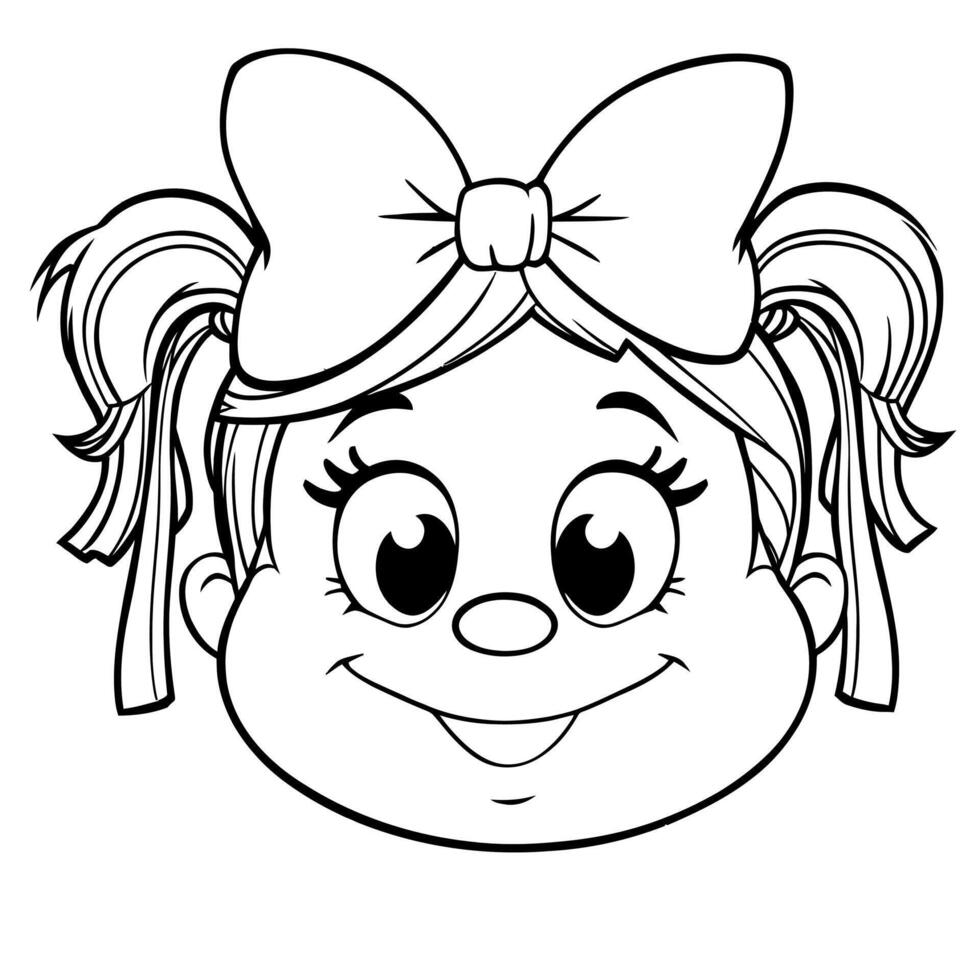 Adorable Cartoon Girl Face with Big Bow and Pigtails Coloring Page Line Art vector