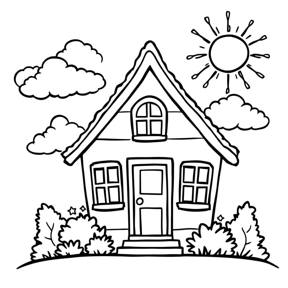 Charming Cozy House and Sunny Day Line Art Coloring Page for Creative Fun vector