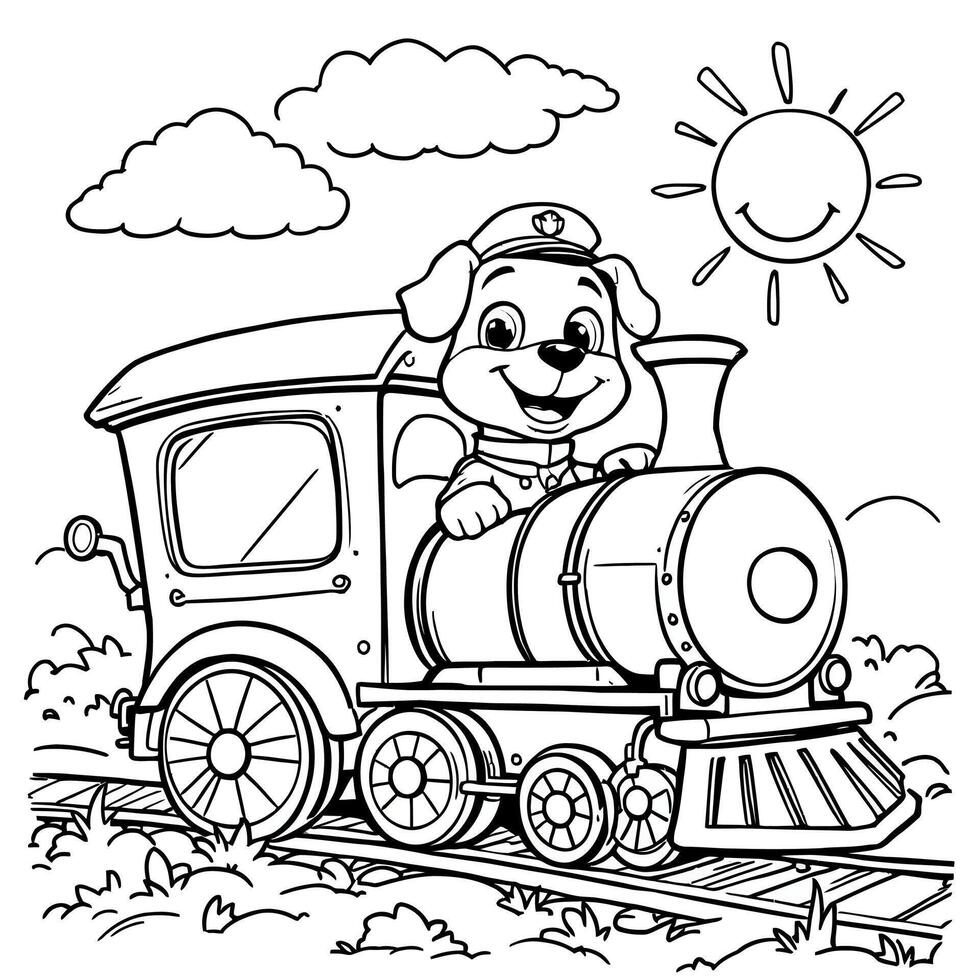 Cute Dog Pilot Driving A Steam Train Across The Countryside On A Sunny Day For Kids Coloring Book vector