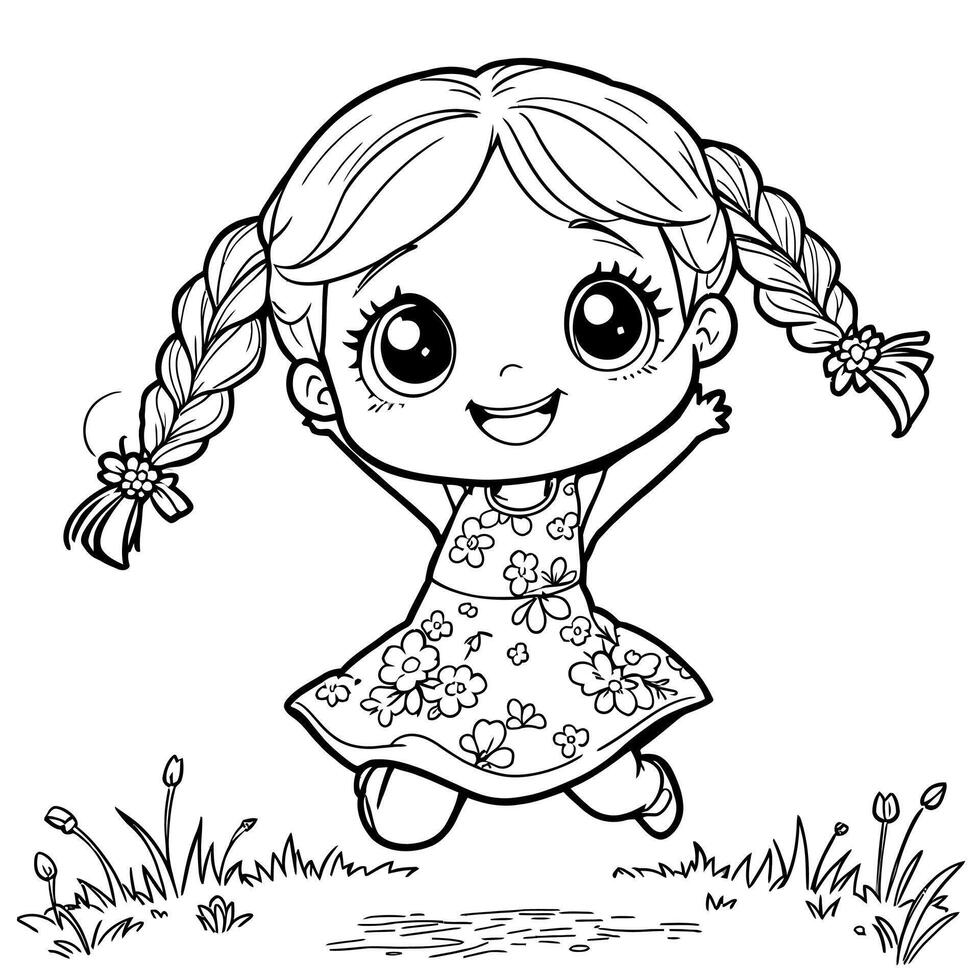Adorable Little Girl with Braids Jumping in a Field of Flowers Line Art Coloring Page vector