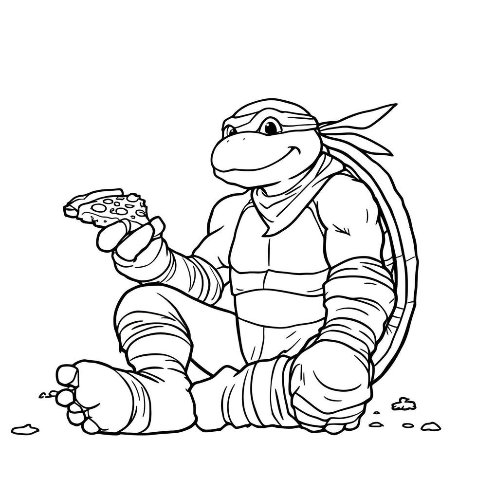 Cute Teenage Mutant Ninja Turtle Sitting Down Enjoying a Delicious Slice of Pizza Coloring Page Fun Activity vector