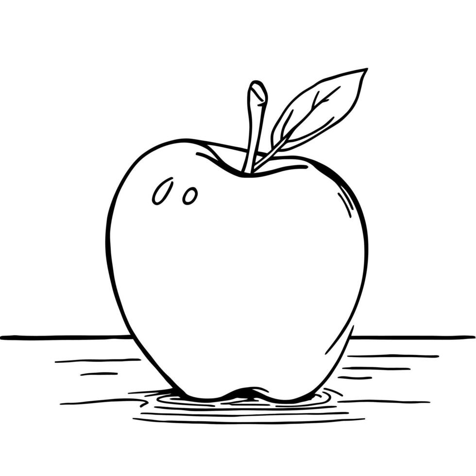 Simple Outline Drawing of a Fresh Apple with a Leaf Sitting in Water for Coloring Fun vector