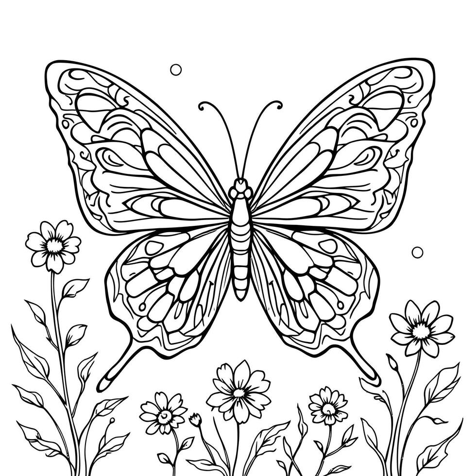 Beautiful Intricate Butterfly and Flowers Garden Coloring Page for Adults and Children Fun vector