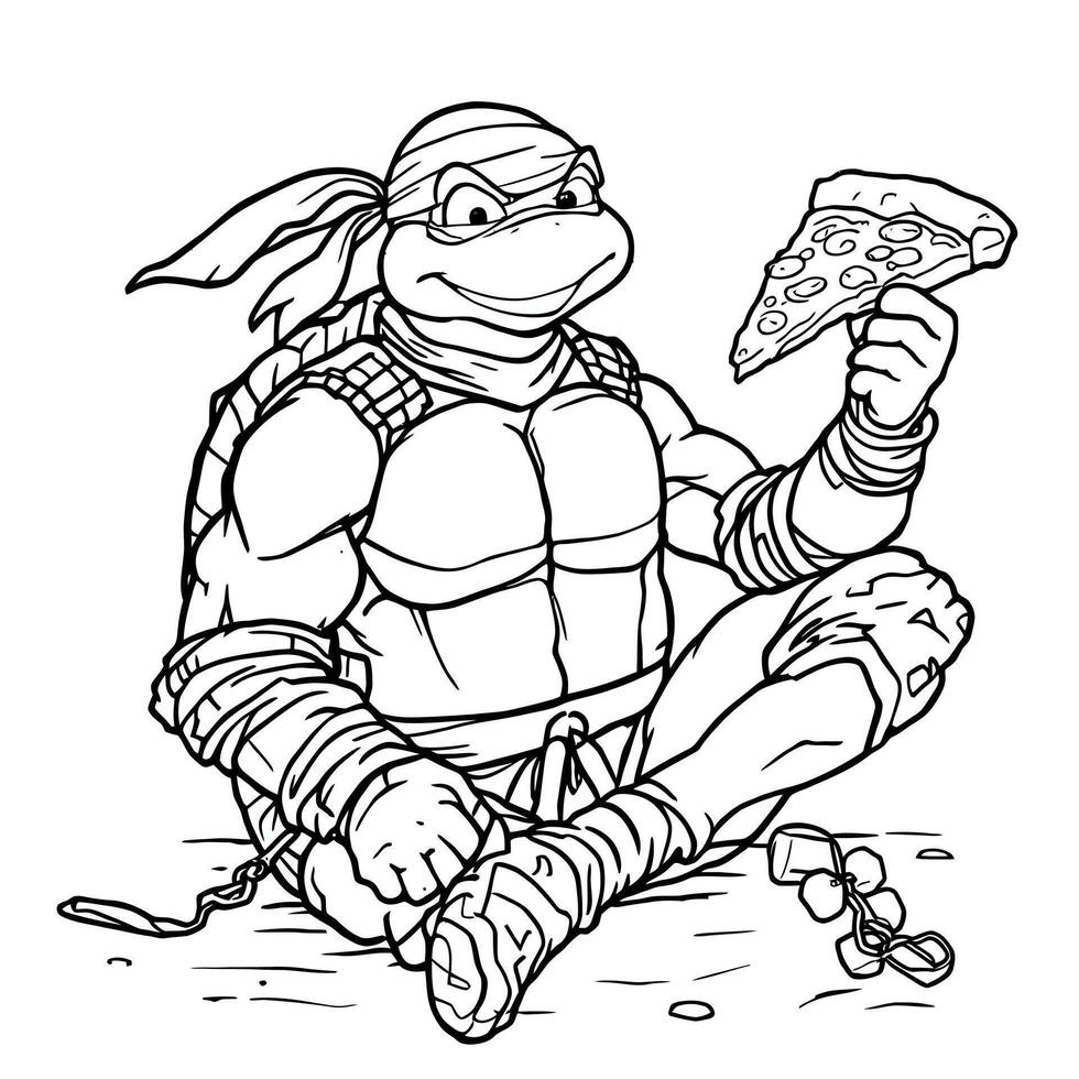 Awesome Ninja Turtle Eating Pizza Line Art Coloring Page for Kids and Adults Enjoyable Fun Activity vector
